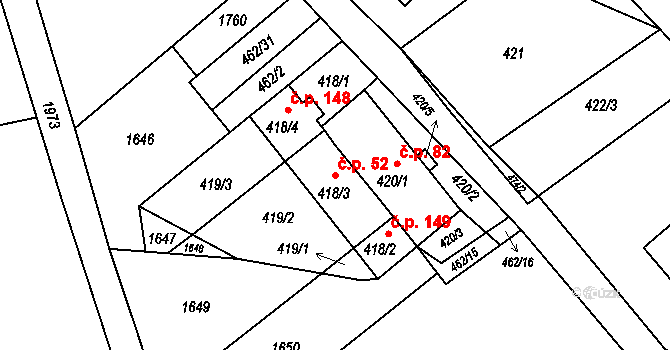 Tušť 52, Suchdol nad Lužnicí na parcele st. 418/3 v KÚ Tušť, Katastrální mapa
