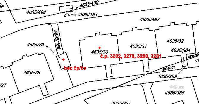 Modřany 3279,3280,3281,3282, Praha na parcele st. 4635/31 v KÚ Modřany, Katastrální mapa