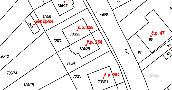 Silůvky 254 na parcele st. 730/25 v KÚ Silůvky, Katastrální mapa