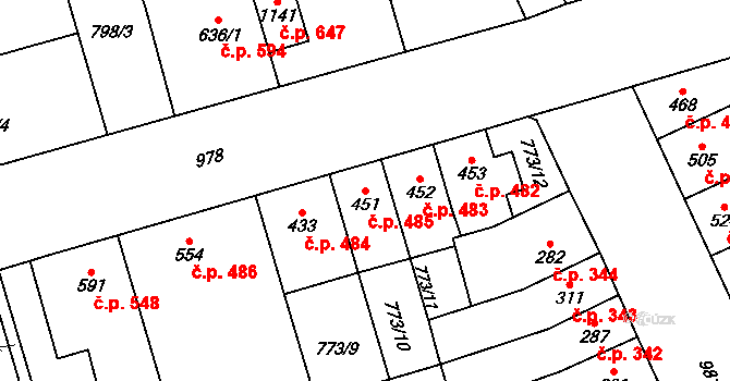 Vrahovice 485, Prostějov na parcele st. 451 v KÚ Vrahovice, Katastrální mapa