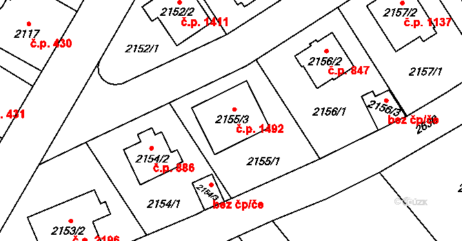 Radotín 1492, Praha na parcele st. 2155/3 v KÚ Radotín, Katastrální mapa