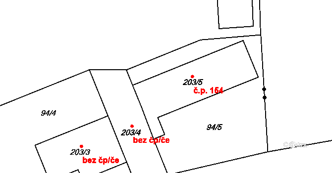 Hradiště 154, Cheb na parcele st. 203/5 v KÚ Hradiště u Chebu, Katastrální mapa