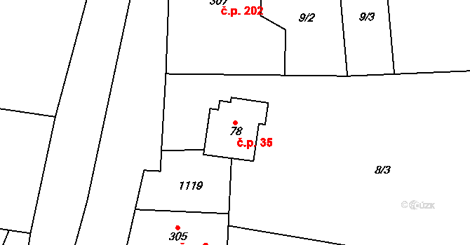 Podolí 35, Rožďalovice na parcele st. 78 v KÚ Podolí u Rožďalovic, Katastrální mapa