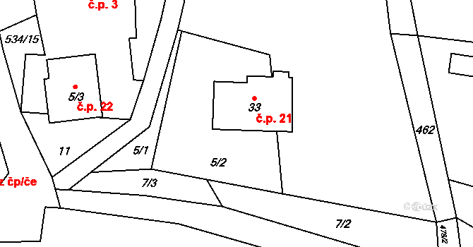 Klokočí 21, Olší na parcele st. 33 v KÚ Klokočí u Olší, Katastrální mapa