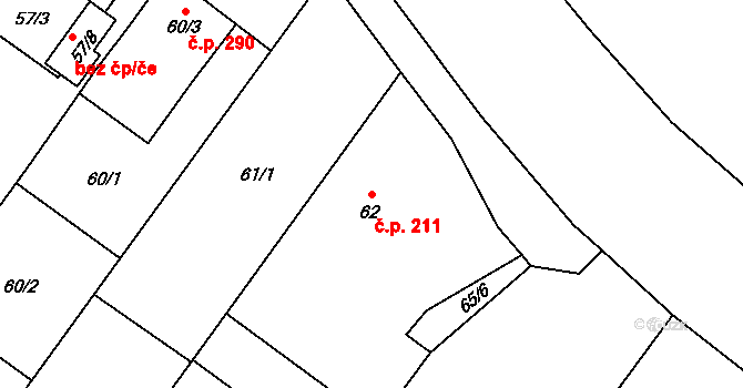 Kozmice 211 na parcele st. 62 v KÚ Kozmice, Katastrální mapa