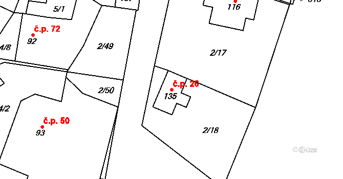 Jeníkov 26 na parcele st. 135 v KÚ Jeníkov u Hlinska, Katastrální mapa