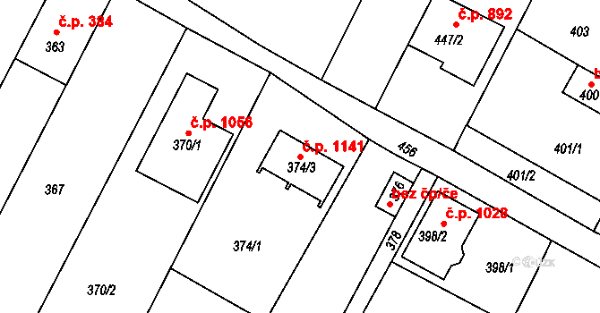 Valtice 1141 na parcele st. 374/3 v KÚ Valtice, Katastrální mapa