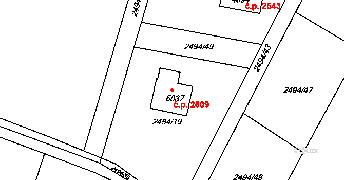Rožnov pod Radhoštěm 2509 na parcele st. 5037 v KÚ Rožnov pod Radhoštěm, Katastrální mapa