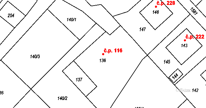 Sobotín 116 na parcele st. 136 v KÚ Sobotín, Katastrální mapa