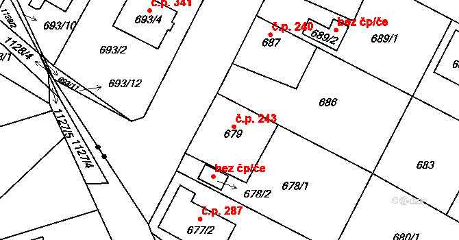 Zruč 243, Zruč-Senec na parcele st. 679 v KÚ Zruč, Katastrální mapa