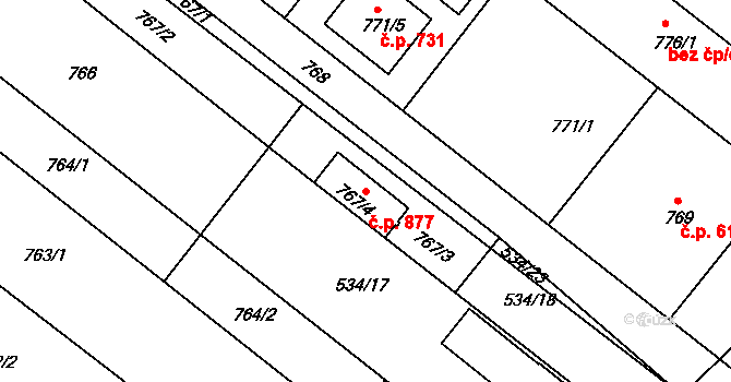 Veverská Bítýška 877 na parcele st. 767/4 v KÚ Veverská Bítýška, Katastrální mapa