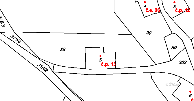 Kamenická Stráň 13, Růžová na parcele st. 5 v KÚ Kamenická Stráň, Katastrální mapa