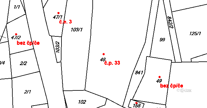 Počátky 33, Chotěboř na parcele st. 48 v KÚ Počátky u Chotěboře, Katastrální mapa