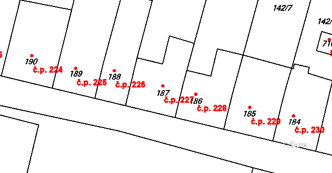 Rožďalovice 227 na parcele st. 187 v KÚ Rožďalovice, Katastrální mapa