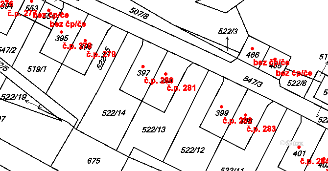 Vilémov 281 na parcele st. 398 v KÚ Vilémov u Šluknova, Katastrální mapa