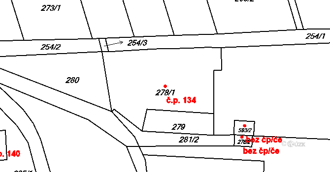 Dolní Lhota 134, Blansko na parcele st. 278/1 v KÚ Dolní Lhota, Katastrální mapa
