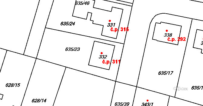Předměřice nad Labem 311 na parcele st. 332 v KÚ Předměřice nad Labem, Katastrální mapa