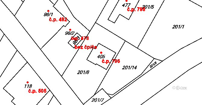 Chvalčov 796 na parcele st. 405 v KÚ Chvalčova Lhota, Katastrální mapa