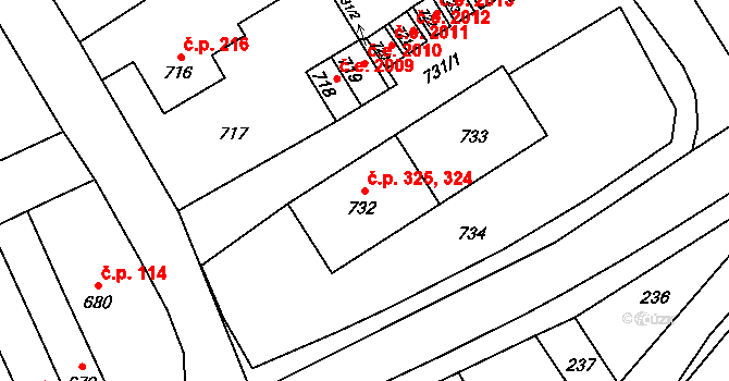 Mariánské Údolí 324,325, Hlubočky na parcele st. 732 v KÚ Hlubočky, Katastrální mapa