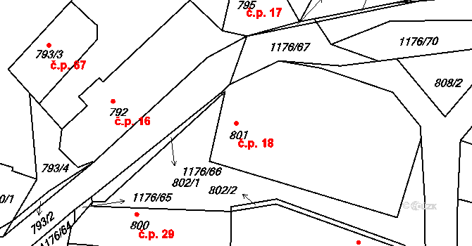 Krasetín 18, Holubov na parcele st. 801 v KÚ Holubov, Katastrální mapa