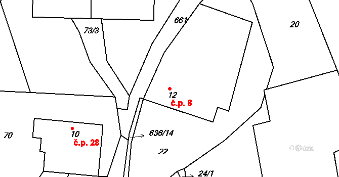 Zářecká Lhota 8 na parcele st. 12 v KÚ Zářecká Lhota, Katastrální mapa