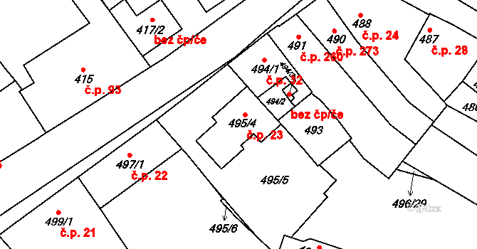 Medlánky 23, Brno na parcele st. 495/4 v KÚ Medlánky, Katastrální mapa