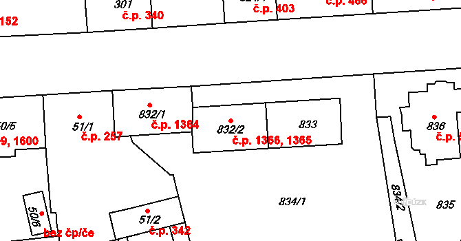Sokolov 1365,1366 na parcele st. 832/2 v KÚ Sokolov, Katastrální mapa