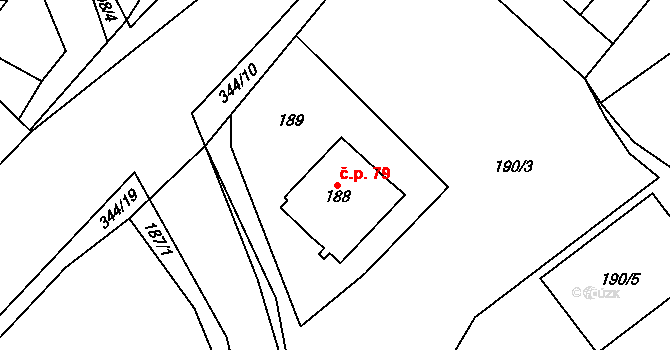 Dubenec 79 na parcele st. 188 v KÚ Dubenec u Příbramě, Katastrální mapa