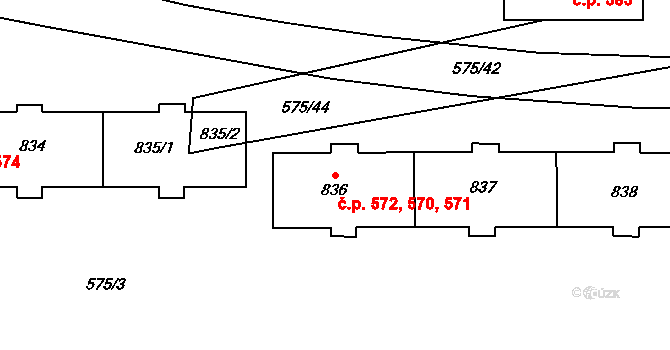 Nové Sady 570,571,572, Olomouc na parcele st. 838 v KÚ Nové Sady u Olomouce, Katastrální mapa