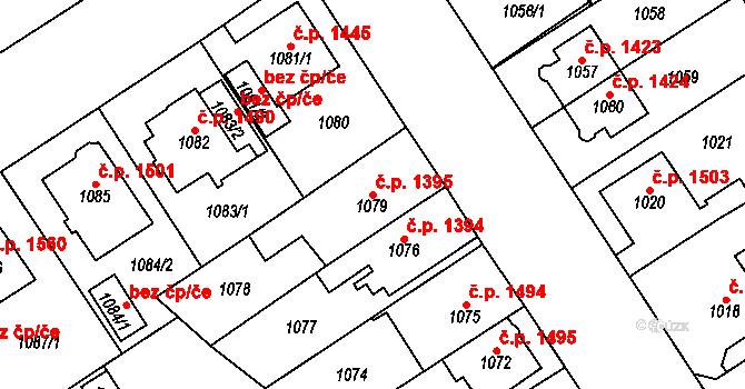 Chomutov 1395 na parcele st. 1079 v KÚ Chomutov I, Katastrální mapa