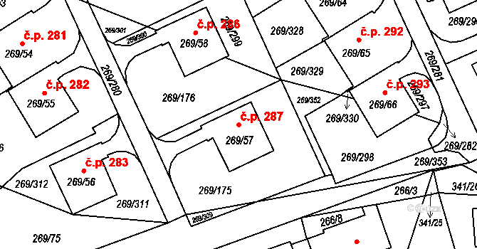 Pražské Předměstí 287, Bílina na parcele st. 269/57 v KÚ Bílina, Katastrální mapa