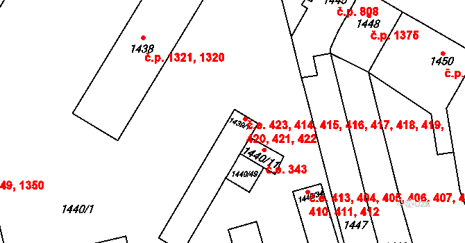 Šlapanice 414,415,416,417,418, na parcele st. 1439/1 v KÚ Šlapanice u Brna, Katastrální mapa