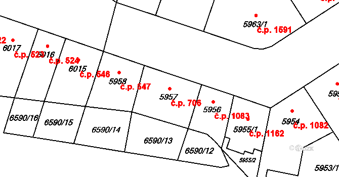 Jižní Předměstí 706, Plzeň na parcele st. 5957 v KÚ Plzeň, Katastrální mapa
