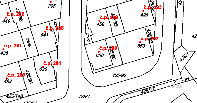 Týn 288, Třebíč na parcele st. 600 v KÚ Týn u Třebíče, Katastrální mapa