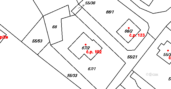 Sadov 102 na parcele st. 67/2 v KÚ Sadov, Katastrální mapa