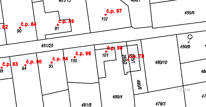 Štěpánov nad Svratkou 98 na parcele st. 101 v KÚ Štěpánov nad Svratkou, Katastrální mapa