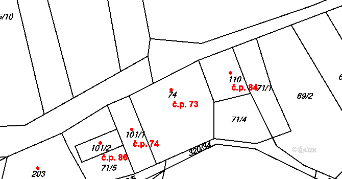 Milonice 73 na parcele st. 74 v KÚ Milonice, Katastrální mapa