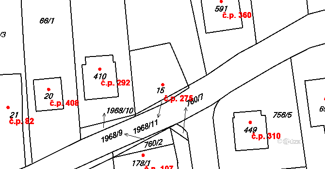 Louky 275, Zlín na parcele st. 15 v KÚ Louky nad Dřevnicí, Katastrální mapa
