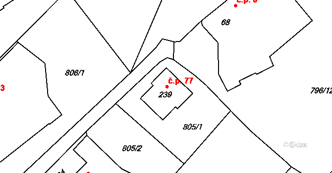 Horušany 77, Soběkury na parcele st. 239 v KÚ Horušany, Katastrální mapa