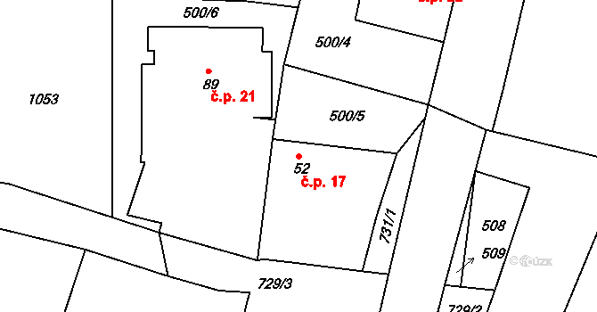 Blansko 17, Hrochův Týnec na parcele st. 52 v KÚ Blansko u Hrochova Týnce, Katastrální mapa