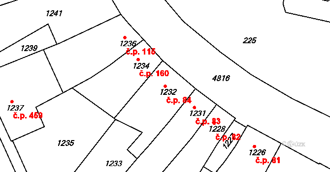 Litomyšlské Předměstí 84, Vysoké Mýto na parcele st. 1232 v KÚ Vysoké Mýto, Katastrální mapa