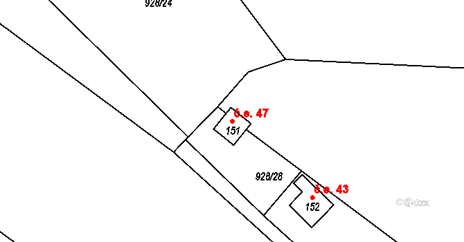 Vlkančice 47 na parcele st. 151 v KÚ Vlkančice, Katastrální mapa