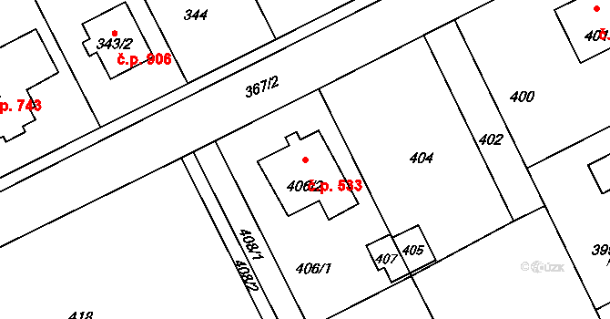 Průhonice 533 na parcele st. 406/2 v KÚ Hole u Průhonic, Katastrální mapa