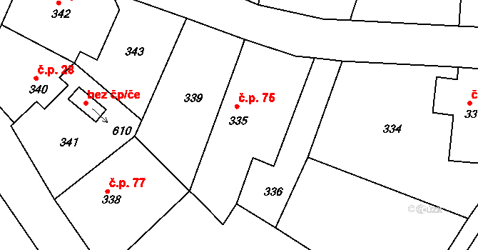 Bušovice 75 na parcele st. 335 v KÚ Bušovice, Katastrální mapa