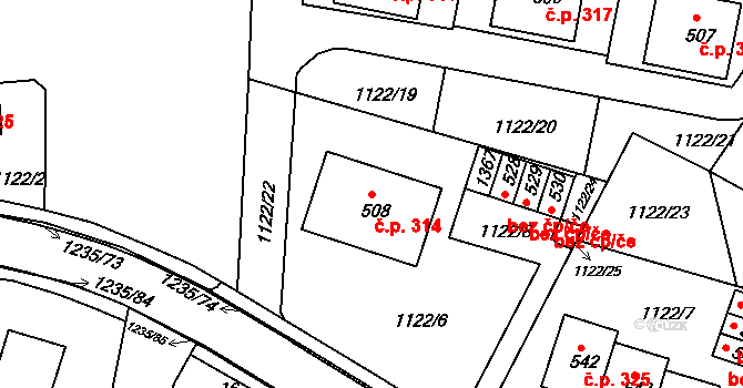 Zbečník 314, Hronov na parcele st. 508 v KÚ Zbečník, Katastrální mapa