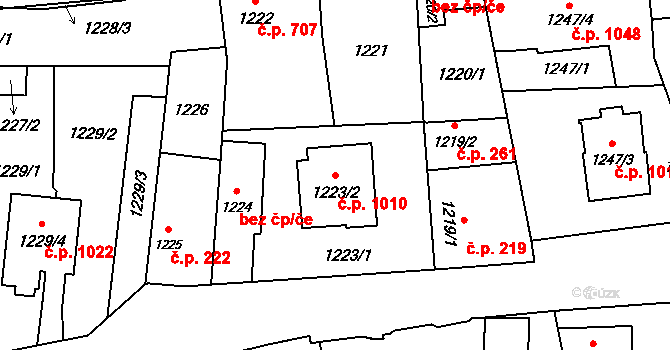 Holice 1010 na parcele st. 1223/2 v KÚ Holice v Čechách, Katastrální mapa