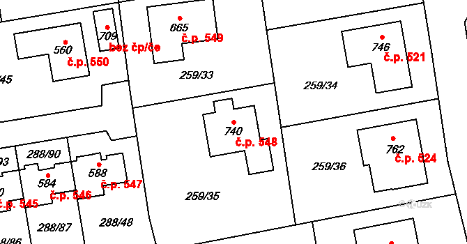 Vysoká nad Labem 548 na parcele st. 740 v KÚ Vysoká nad Labem, Katastrální mapa