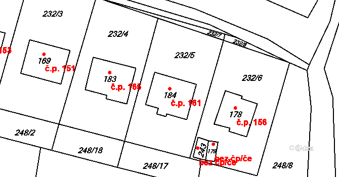 Voděrady 161 na parcele st. 184 v KÚ Voděrady u Kunštátu, Katastrální mapa
