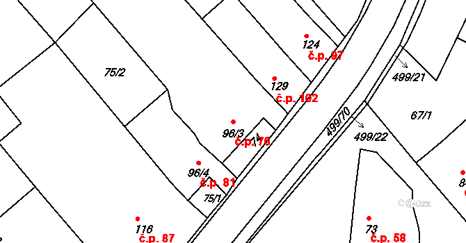 Šelešovice 76 na parcele st. 96/3 v KÚ Šelešovice, Katastrální mapa