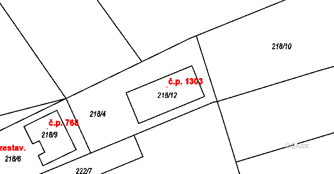 Srubec 1303 na parcele st. 218/12 v KÚ Srubec, Katastrální mapa